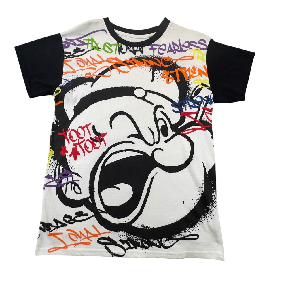 Popeye Brisco Brand Men Graffiti Graphic T-Shirt White Black Medium Short Sleeve